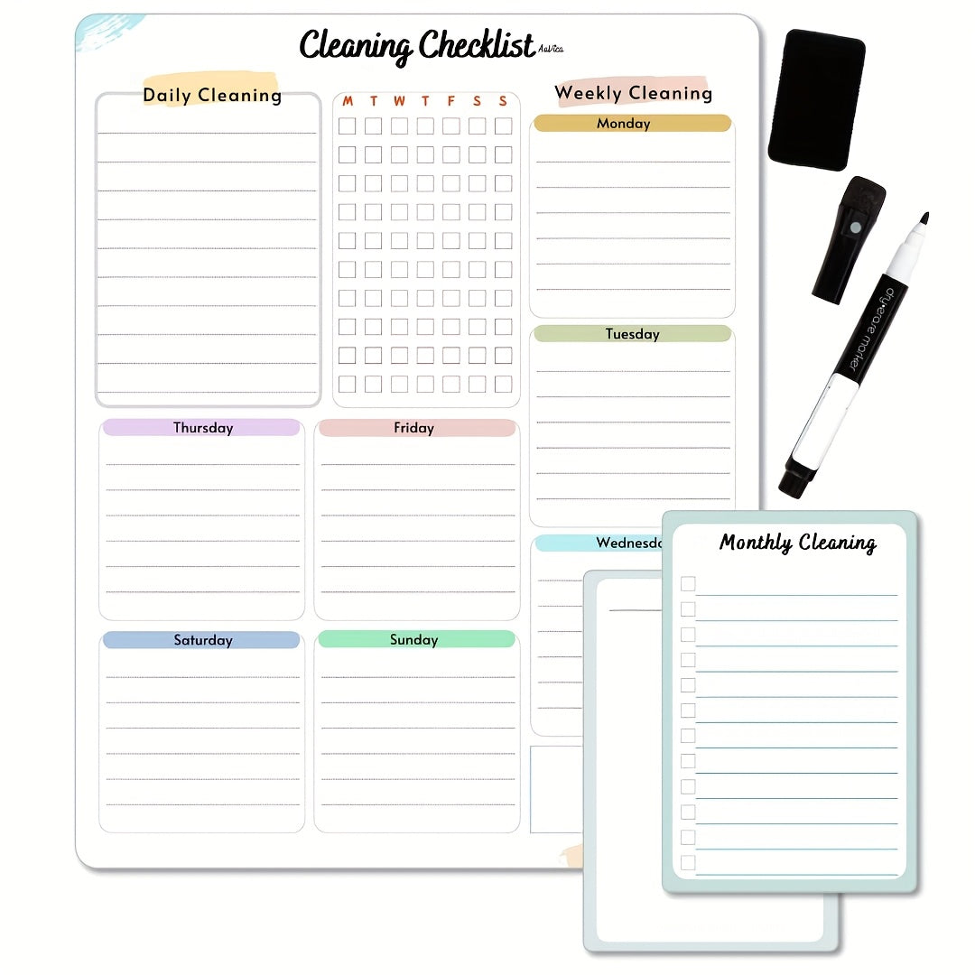 Cleaning Checklist Dry Erase Magnetic Whiteboard For Refrigerator | Daily, Weekly And Monthly Cleaning Chores Planner| Cleaning List Schedule For Adults