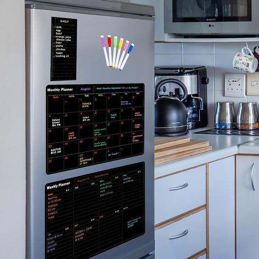 3pcs Black Dry Erase Boards - Magnetic Monthly Weekly and Daily Planners for Fridge or Wall Use Includes 8 Markers Ideal for Family Schedule Tracking Meal Planning Home Organization or Office Reminder