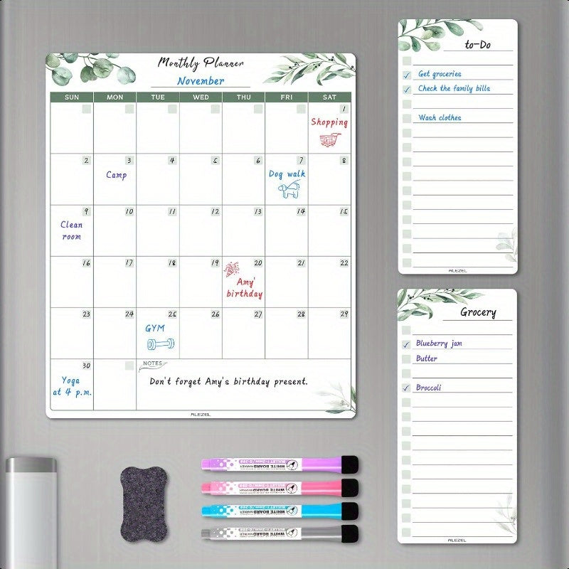 Dry Erase Calendar for Refrigerator Greenery Magnetic Fridge Calendar Whiteboard Set of Vertical Monthly Dry Erase Calendar for Fridge and 2 List Board 4 Markers + Eraser