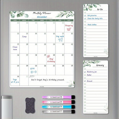 Dry Erase Calendar for Refrigerator Greenery Magnetic Fridge Calendar Whiteboard Set of Vertical Monthly Dry Erase Calendar for Fridge and 2 List Board 4 Markers + Eraser