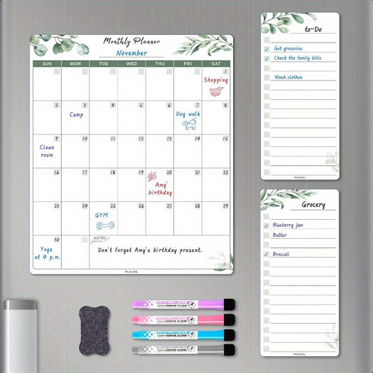 Dry Erase Calendar for Refrigerator Greenery Magnetic Fridge Calendar Whiteboard Set of Vertical Monthly Dry Erase Calendar for Fridge and 2 List Board 4 Markers + Eraser