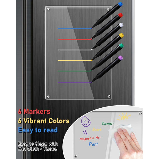 12x8 Magnetic Dry Erase Clear Acrylic Whiteboard for Fridge with 6 - Color Markers, Weekly Planner Calendar