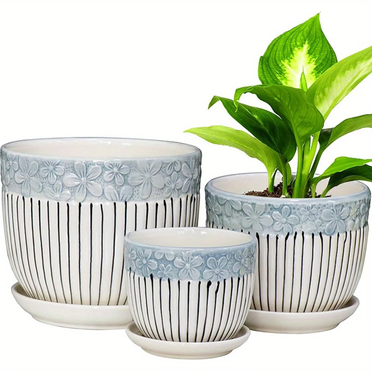 Ceramic Plant Pots Set of 3, 6. 75\u002F 5. 6\u002F 4. 2 inch Planters with Drainage Holes and Saucer, Flower Pot Outdoor Indoor, Modern Decorative Planters for House Plants Garden Planters Succulent Pots